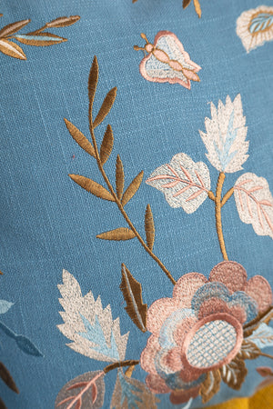 Sky Blue & Pink Hedgerow Embroidered Cushion Cover
