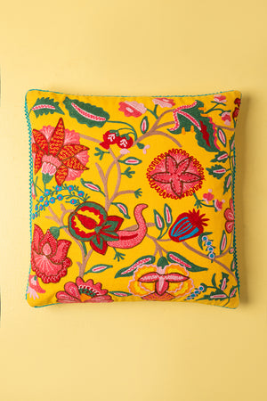 Yellow Embroidered Floral Cushion Cover