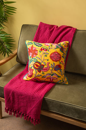 Yellow Embroidered Floral Cushion Cover