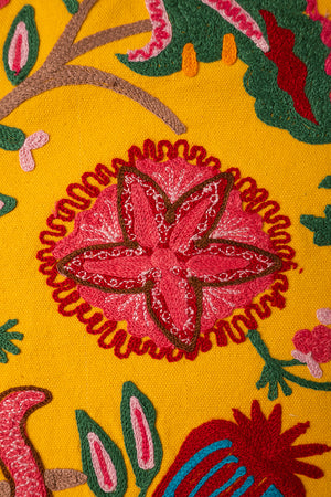 Yellow Embroidered Floral Cushion Cover