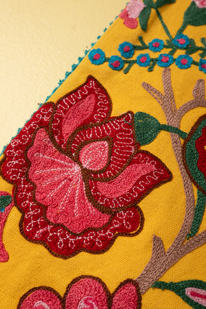 Yellow Embroidered Floral Cushion Cover