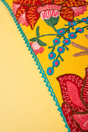 Yellow Embroidered Floral Cushion Cover