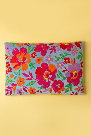 Blue & Pink Embroidered Floral Velvet Cushion Cover