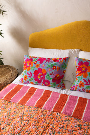Blue & Pink Embroidered Floral Velvet Cushion Cover