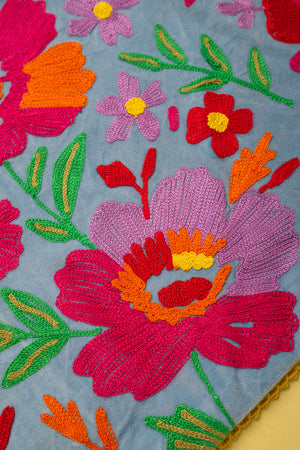 Blue & Pink Embroidered Floral Velvet Cushion Cover