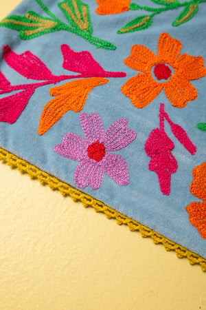 Blue & Pink Embroidered Floral Velvet Cushion Cover