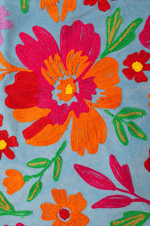 Blue & Pink Embroidered Floral Velvet Cushion Cover