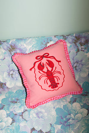 Pink Embroidered Lobster Motif Cushion Cover