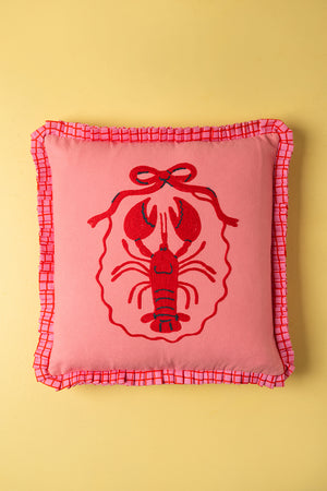 Pink Embroidered Lobster Motif Cushion Cover