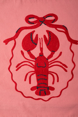 Pink Embroidered Lobster Motif Cushion Cover
