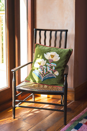 Green Embroidered Flower Velvet Cushion Cover