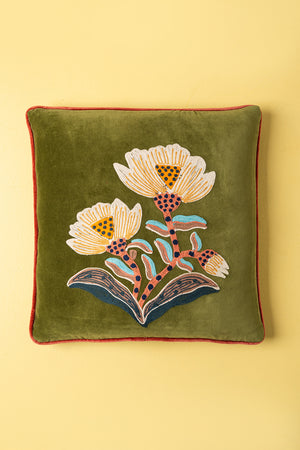 Green Embroidered Flower Velvet Cushion Cover