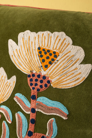 Green Embroidered Flower Velvet Cushion Cover