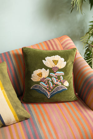 Green Embroidered Flower Velvet Cushion Cover