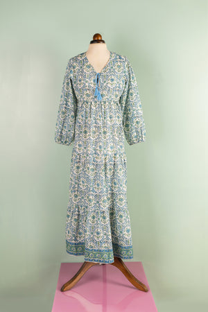 Henrietta Blue & Green Hand Block Printed Cotton Tukdi Dress