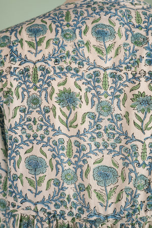 Henrietta Blue & Green Hand Block Printed Cotton Tukdi Dress