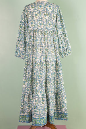 Henrietta Blue & Green Hand Block Printed Cotton Tukdi Dress