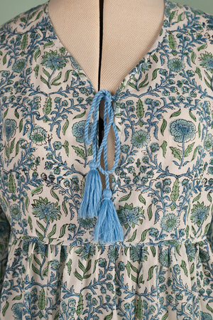Henrietta Blue & Green Hand Block Printed Cotton Tukdi Dress