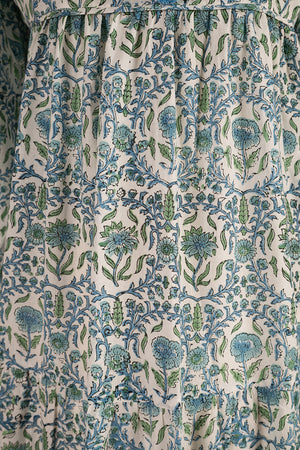 Henrietta Blue & Green Hand Block Printed Cotton Tukdi Dress