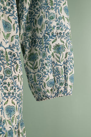 Henrietta Blue & Green Hand Block Printed Cotton Tukdi Dress