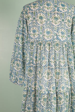 Henrietta Blue & Green Hand Block Printed Cotton Tukdi Dress
