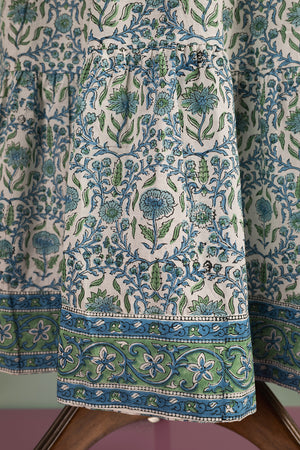 Henrietta Blue & Green Hand Block Printed Cotton Tukdi Dress
