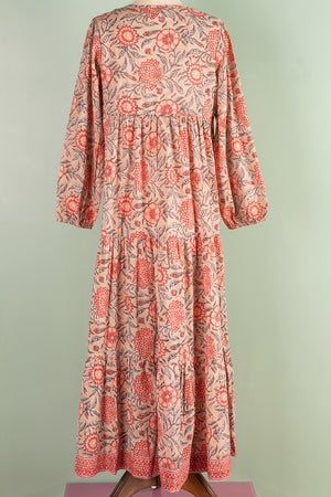Henrietta Peach Hand Block Printed Cotton Tukdi Dress