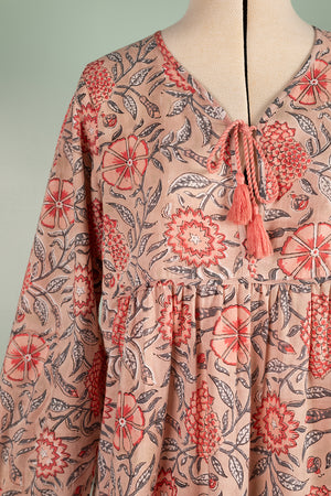 Henrietta Peach Hand Block Printed Cotton Tukdi Dress
