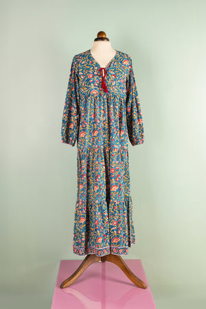 Henrietta Teal Hand Block Printed Cotton Tukdi Dress