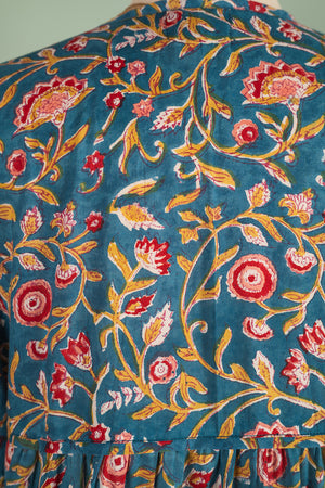 Henrietta Teal Hand Block Printed Cotton Tukdi Dress