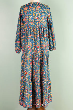 Henrietta Teal Hand Block Printed Cotton Tukdi Dress