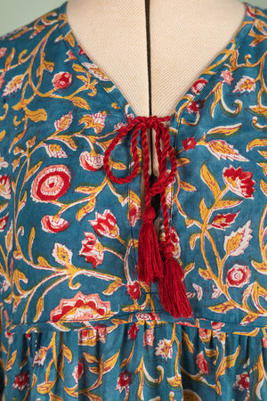Henrietta Teal Hand Block Printed Cotton Tukdi Dress