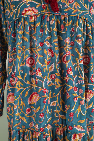 Henrietta Teal Hand Block Printed Cotton Tukdi Dress