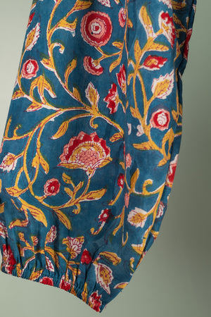 Henrietta Teal Hand Block Printed Cotton Tukdi Dress