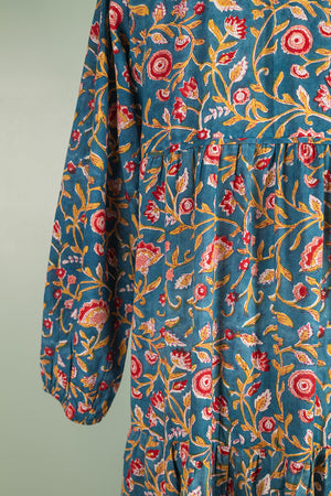 Henrietta Teal Hand Block Printed Cotton Tukdi Dress