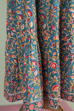 Henrietta Teal Hand Block Printed Cotton Tukdi Dress