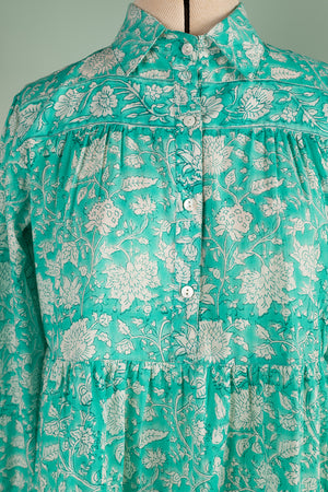 Catherine Turquoise Hand Block Printed Cotton Shirt Dress