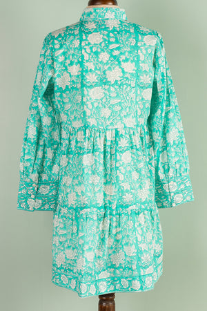 Catherine Turquoise Hand Block Printed Cotton Shirt Dress