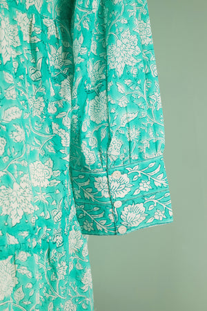Catherine Turquoise Hand Block Printed Cotton Shirt Dress