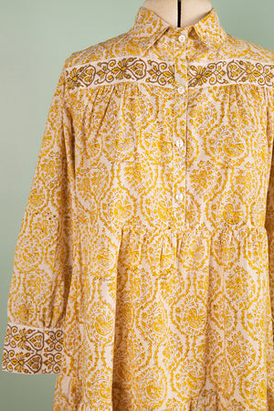 Catherine Mustard Hand Block Printed Cotton Shirt Dress