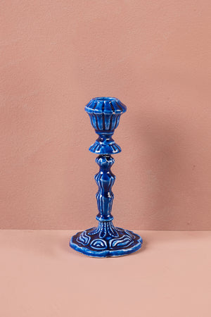 Blue Moulded Metal Ceramic Candle Holders