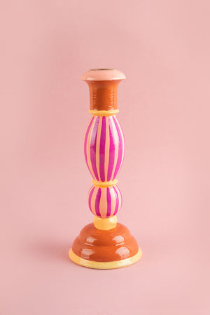 Pink Stripe Hand Painted Wooden Candle Holder
