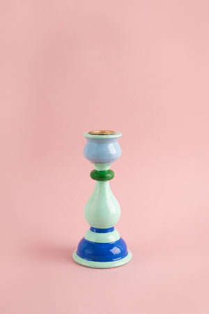 Blue & Green Hand Painted Wooden Candle Holder
