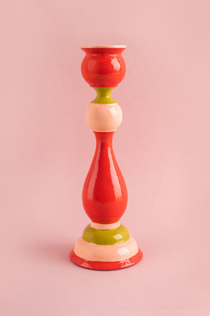 Red & Pink Hand Painted Wooden Candle Holder