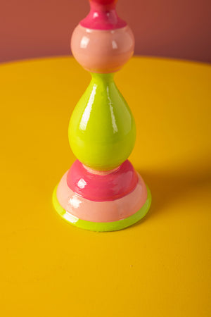 Pink & Green Hand Painted Wooden Candle Holder