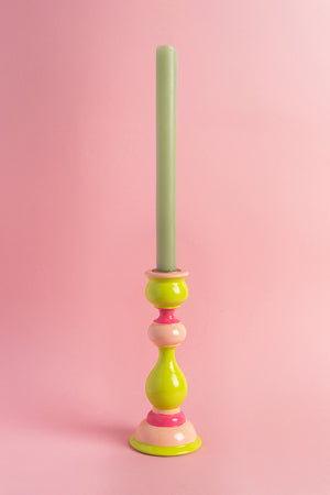 Pink & Green Hand Painted Wooden Candle Holder