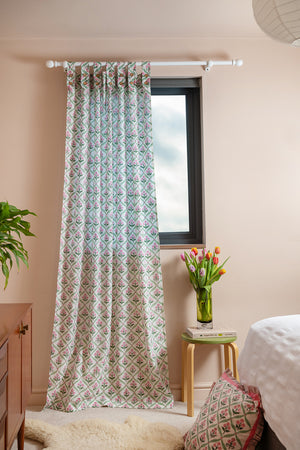 Taffy Pink Florals on White Block Print Curtain