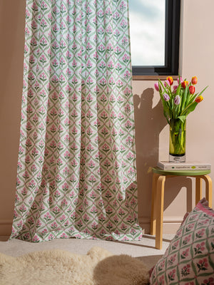 Taffy Pink Florals on White Block Print Curtain