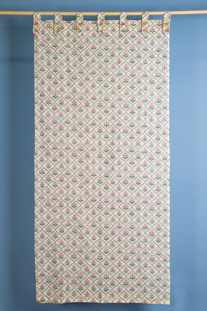 Taffy Pink Florals on White Block Print Curtain