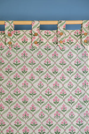 Taffy Pink Florals on White Block Print Curtain